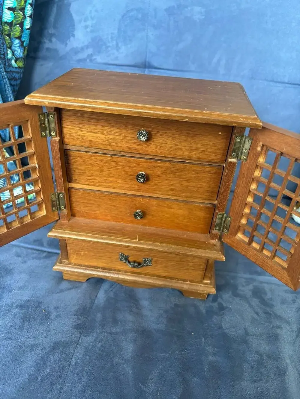 Vintage Wooden Jewelry Box Chest with Lattice Doors and Drawers